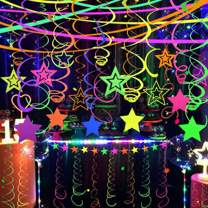 52 PCS UV Neon Rainbow Ceiling Swirl Decoration Hanging Streamer for Ceiling Neon Garlands Black Light Neon Decorations for Dark Glow Party Supplies and Decorations Birthday Party Favors