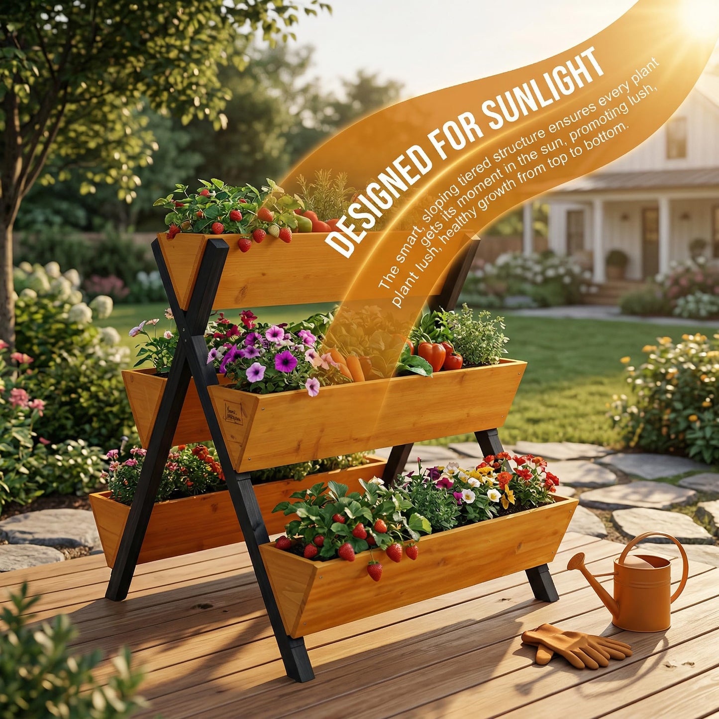 Raised Garden Bed, Premium 3-Tier Vertical Planter Tower, Stackable Wooden Tiered Planter Box with Legs, Elevated Garden Bed for Vegetables, Herbs, and Flowers, Space-Saving Outdoor Gardening Solution