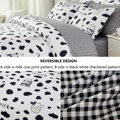 SUCSES Full Size Comforter Set with Sheets 8 Piece Cow Print Bedding Set for Boys Girls Black and White Kids Bed-in-A-Bag Farmhouse Rustic Bed Set for Bedroom (Milk Cow, Full)