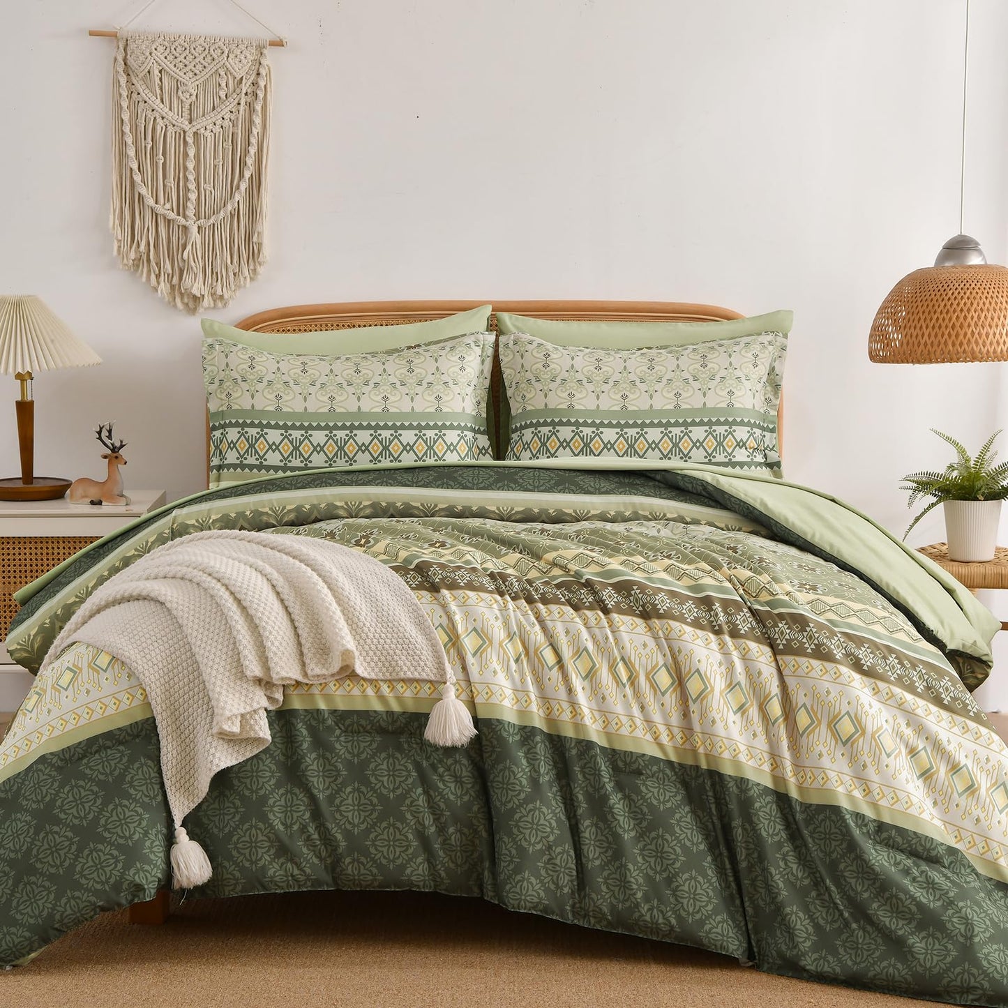 Comforter Set King Size Boho,7 Pieces Bohemian Bedding Comforter Set Striped Bed in a Bag,Grey Green Paisley Floral Comfortet and Sheet Set,Soft Green Gray Bedding Sets for Family