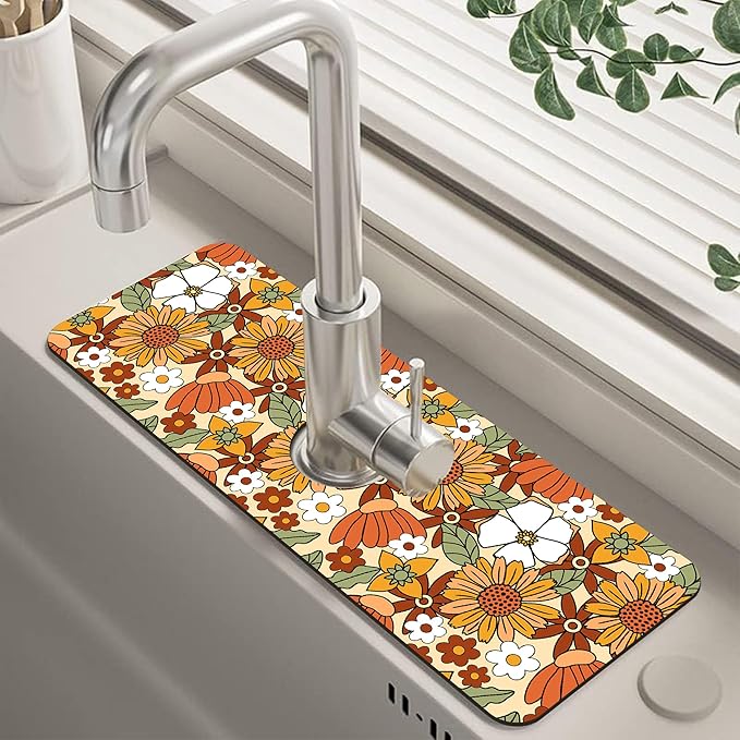 70s Retro Orange Floral Kitchen Sink Splash Guard Mat Absorbent Fast Drying Mat