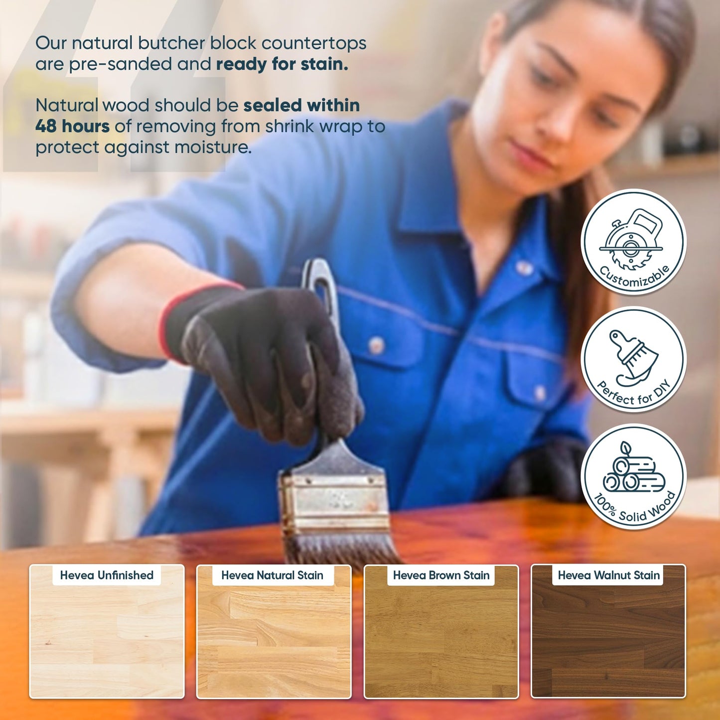 AllForWood Hevea Solid Wood Butcher Block Table Top 60''L x 25''W x 1.5''Thick, Desk top, Unfinished Butcher Block Countertop for DIY Desktop/Kitchen Countertop (Unfinished)