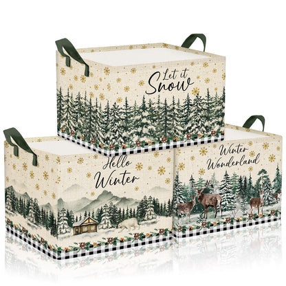 Geelin 3 Pcs Christmas Winter Baskets Wonderland Storage Basket for Gifts Collapsible Waterproof Canvas Xmas Reindeer Storage Bin Organizer with Handles for Book Closet Shelf Nursery Decor