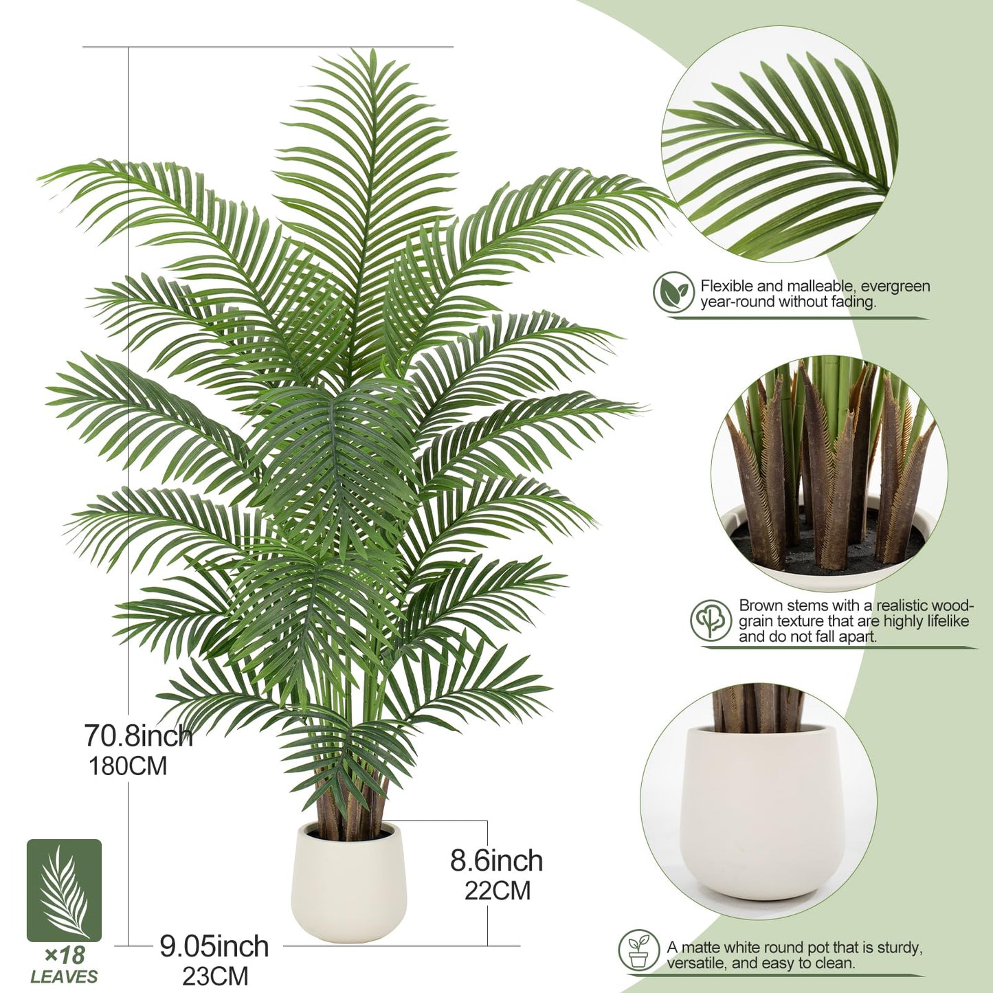 ZEEOZE 6ft Artificial Palm Tree Tall Faux Palm Tree Indoor Large Fake Plants with 18 Trunks Artificial Plants with White Pot Lifelike Leaves for Home Office Decor Living Rooms Bedrooms