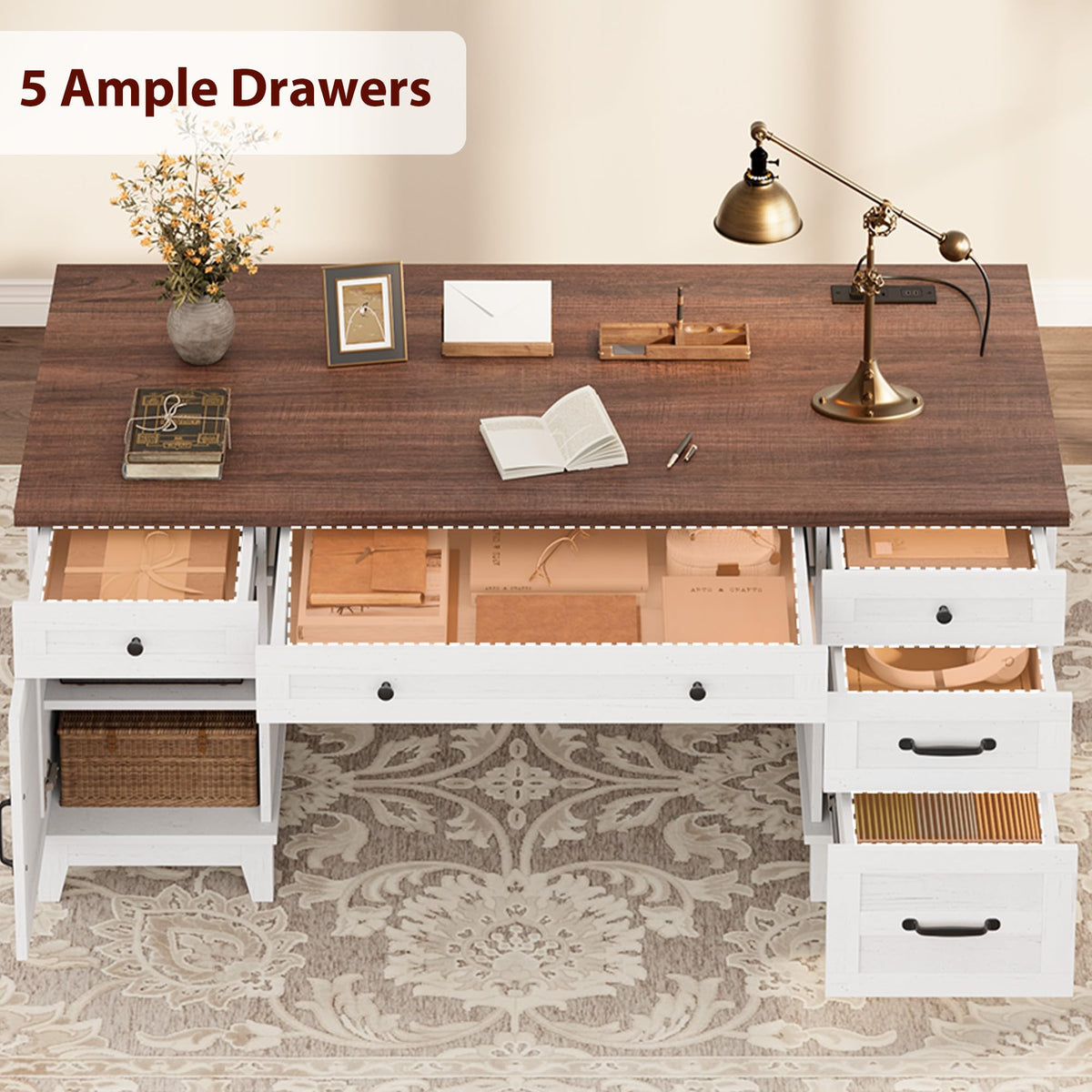GarveeHome Executive Desk with File Drawers, Farmhouse Home Office Desk with Charging Station, 60 in Wooden Computer Desk with Cabinet Storage for Work Study Writing, White Walunt