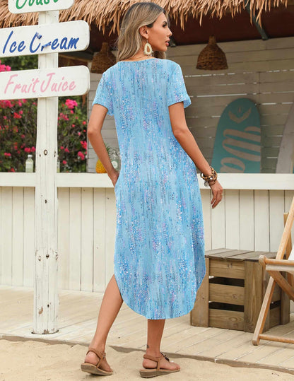 Zeagoo Womens Maxi Summer Dress with Pockets Casual Short Sleeve Sundress Trendy 2025 Curve Hem Long Dresss