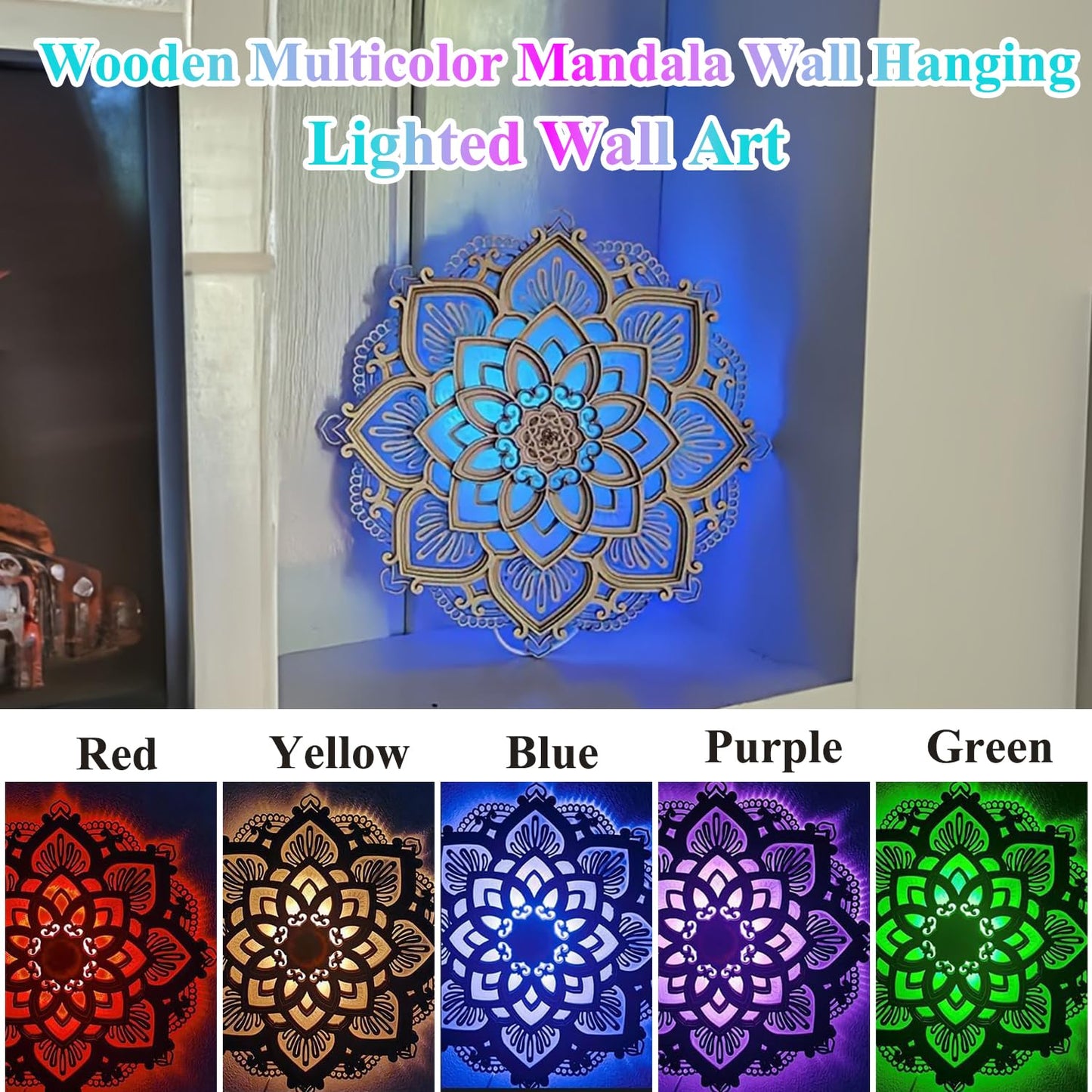 jvsufuik Mandala Wall Decor, Lighted Mandala Wall Art with LED Light, Lotus Flower Wall Art Decor, Boho Wooden Flower Night Light, Meditation Wall Hanging, Bohemian Yoga Home Decoration