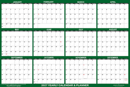 32" x 48" SwiftGlimpse 2027 Wall Calendar Erasable Large Wet & Dry Erase Laminated 12 Month Annual Yearly Wall Planner, Reversible, Horizontal/Vertical, GREEN