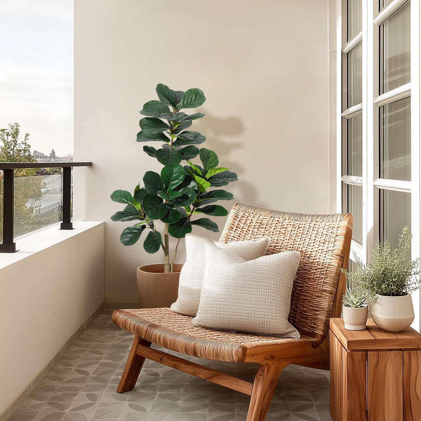 4 ft Fiddle Leaf Fig Tree Artificial with 48 Leaves - Realistic Faux Ficus Lyrata Trees in 7.8 in White Planter Pot, Indoor Fake Floor Plants for Home Office Living Room Decor, Housewarming Gift