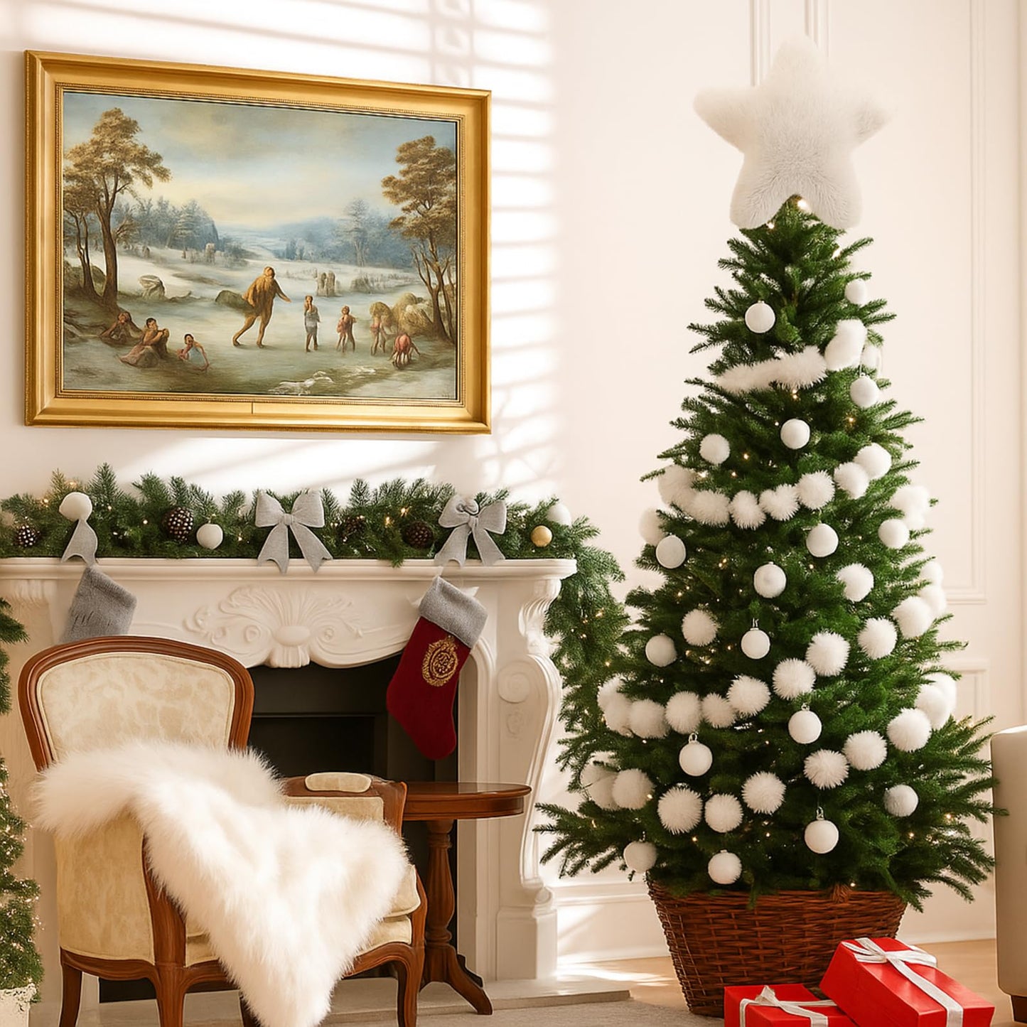 Soulchen 11 Inch White Christmas Star Tree Topper Faux Mink Fur Christmas Tree Topper Star White Rustic Treetop Ornaments for Xmas Decoration Home Indoor Outdoor Holiday Decoration