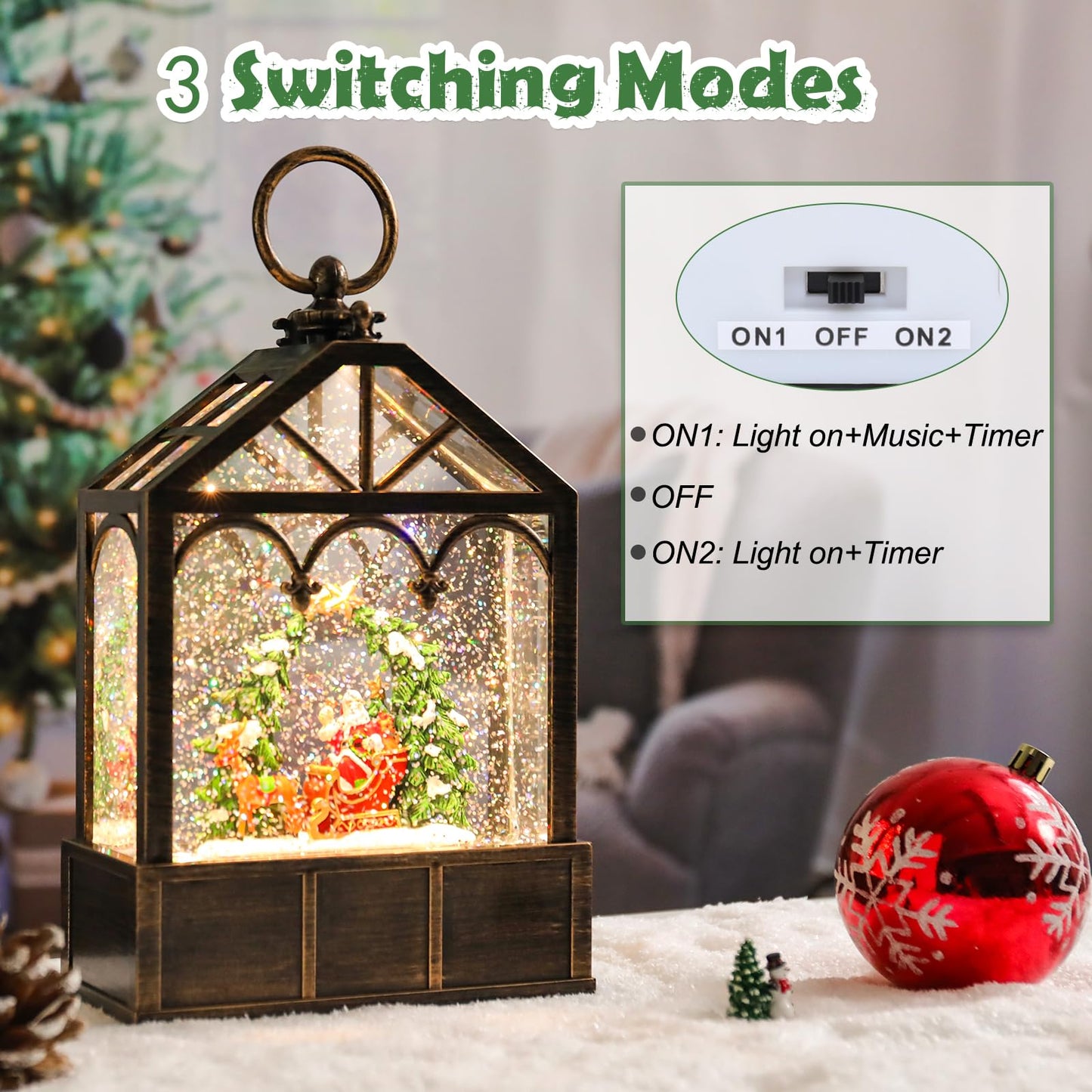 Christmas Snow Globes Musical Lantern Snow Globe Santa Clause Reindeer Sleigh Water Snow Globe Glittering Portable Hanging Tabletop Decorative Lantern Christmas Home Décor