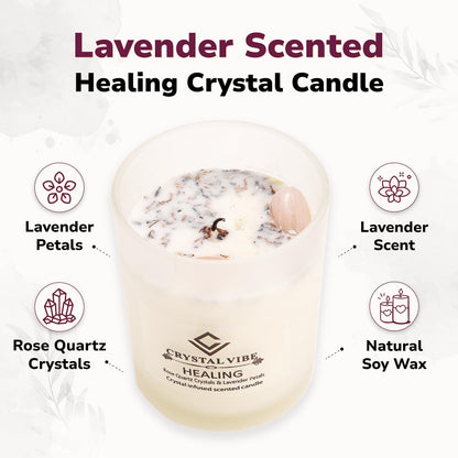 Crystal Vibe Healing Crystal Candle with Rose Quartz Crystals and Lavender Petals - Natural Soy Wax Lavender Scented Candle for Aromatherapy Meditation - Birthday Gifts for Women Girlfriend