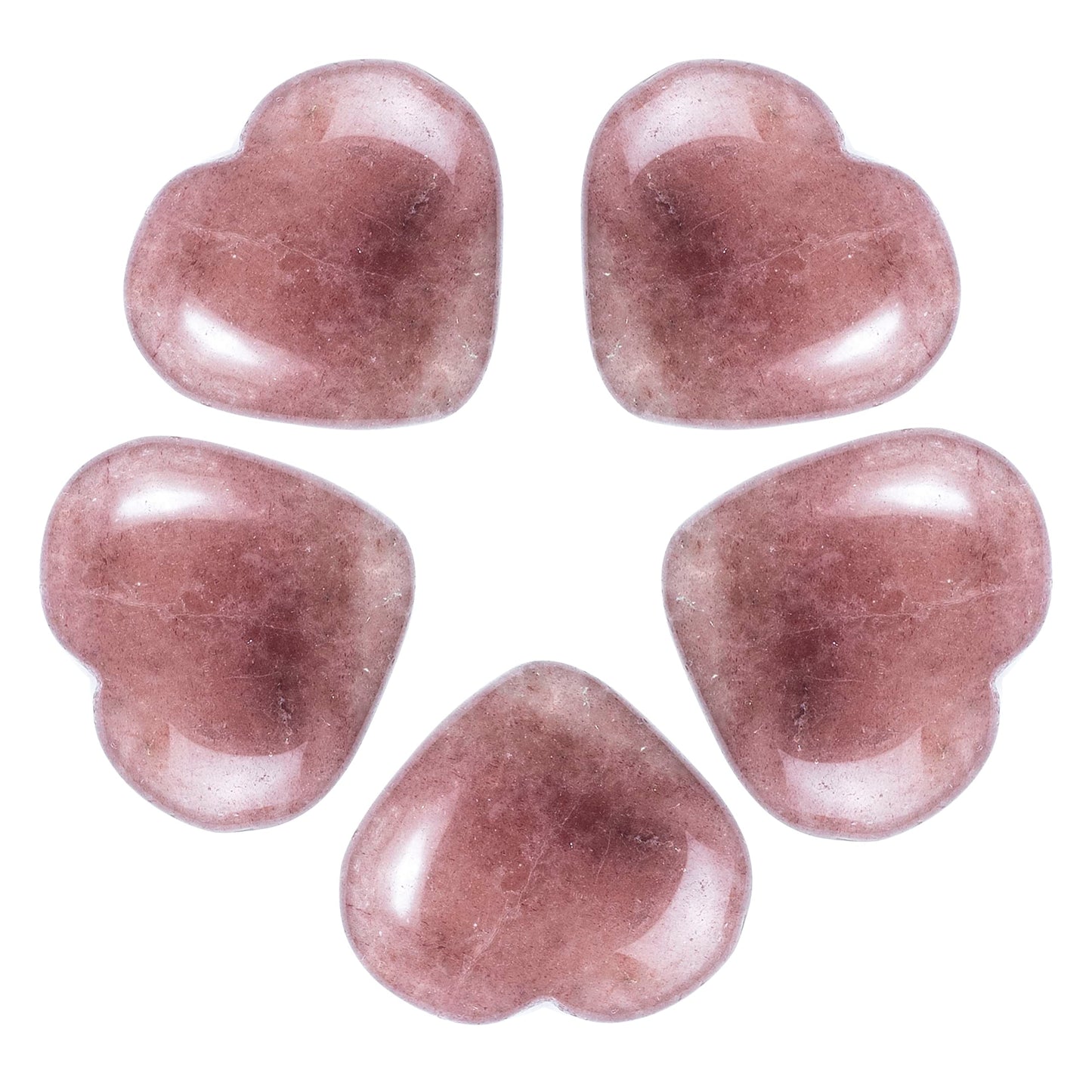 Crocon 5 Pcs Strawberry Quartz Heart stone 25mm Mini Heart Shape gemstone Puff Stones Set 400+ Carats Pocket Crystal Healing Tumble Collection Palm Worry Stone Good Luck Meditation Gift Home Decor