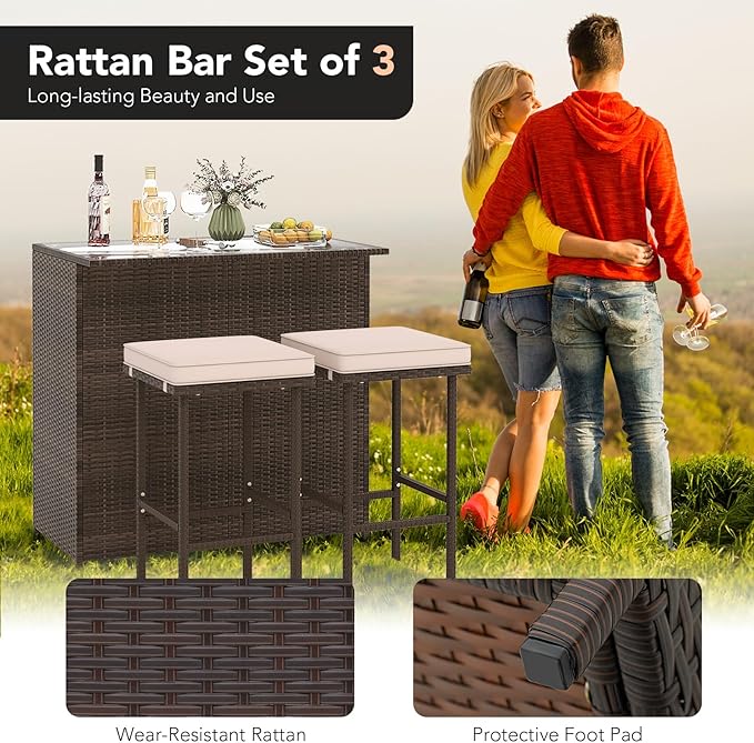Tangkula 3 Piece Patio Bar Set, Outdoor Rattan Bar Table and 2 Stools