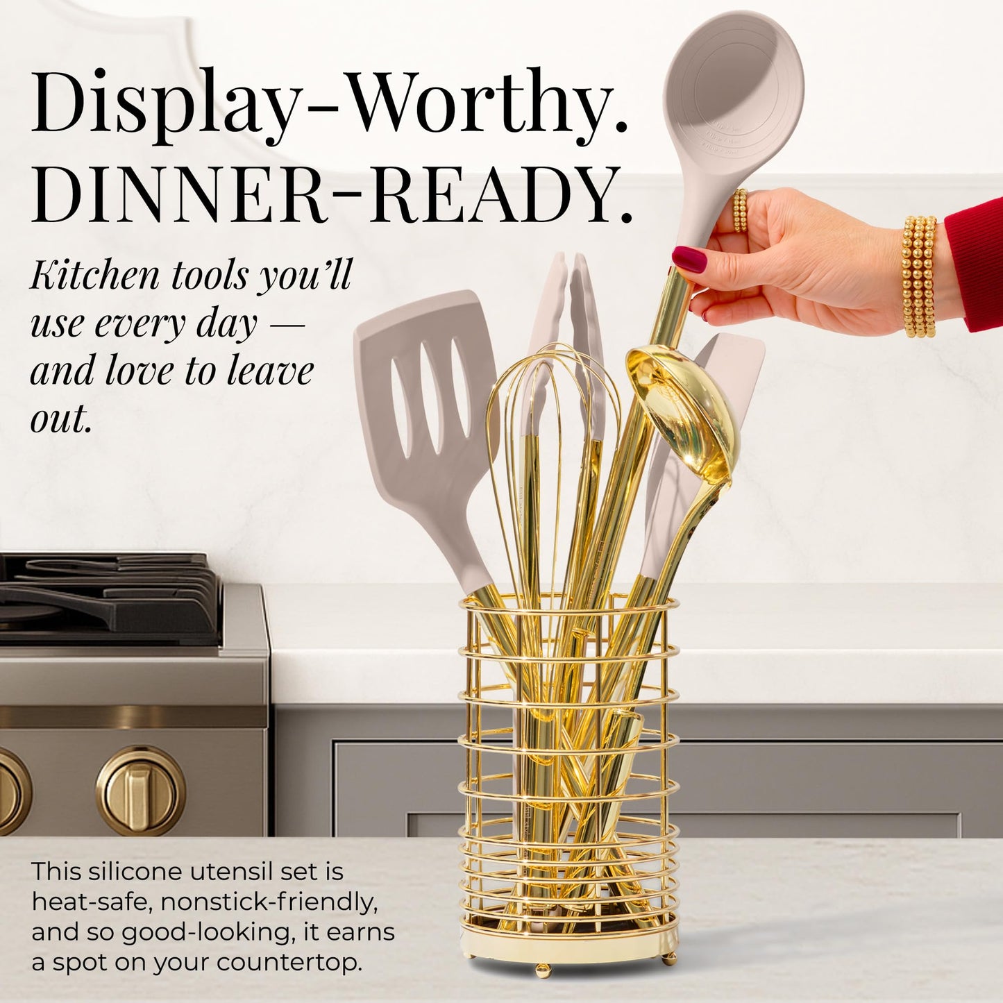 White & Gold Cooking Utensils Set - Luxe 8-Piece Kitchen Gadget Set Includes Can Opener, Tongs and Garlic Press - Stylish White and Gold Kitchen Accessories for Modern Kitchens, Ideal for Gifting