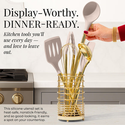 White & Gold Cooking Utensils Set - Luxe 8-Piece Kitchen Gadget Set Includes Can Opener, Tongs and Garlic Press - Stylish White and Gold Kitchen Accessories for Modern Kitchens, Ideal for Gifting