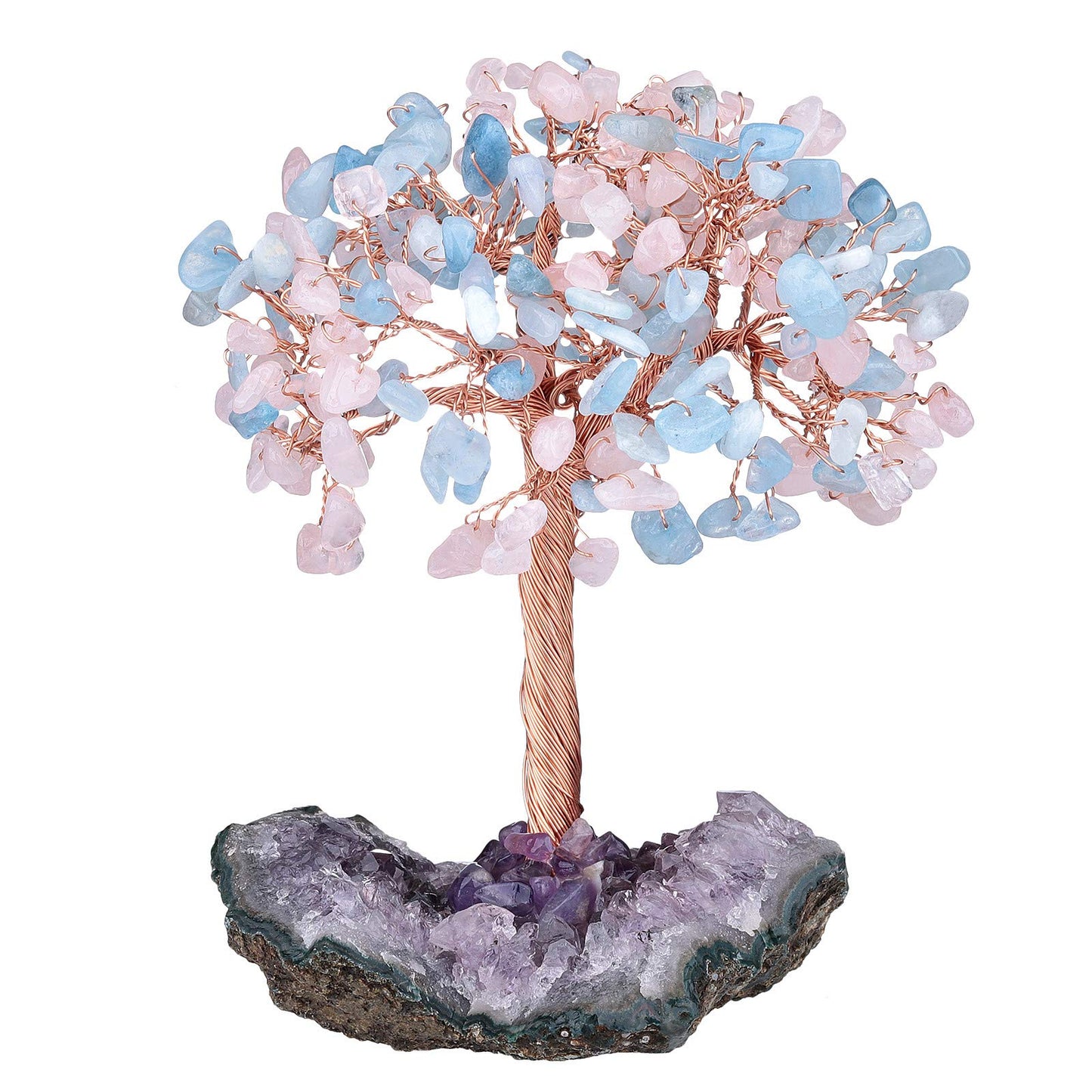 TUMBEELLUWA Natural Crystal Chips Money Tree for Good Luck and Wealth Handmade Stones Figurine Bonsai Tree with Natural Amethyst Cluster Base, Rose Quartz+Aquamarine