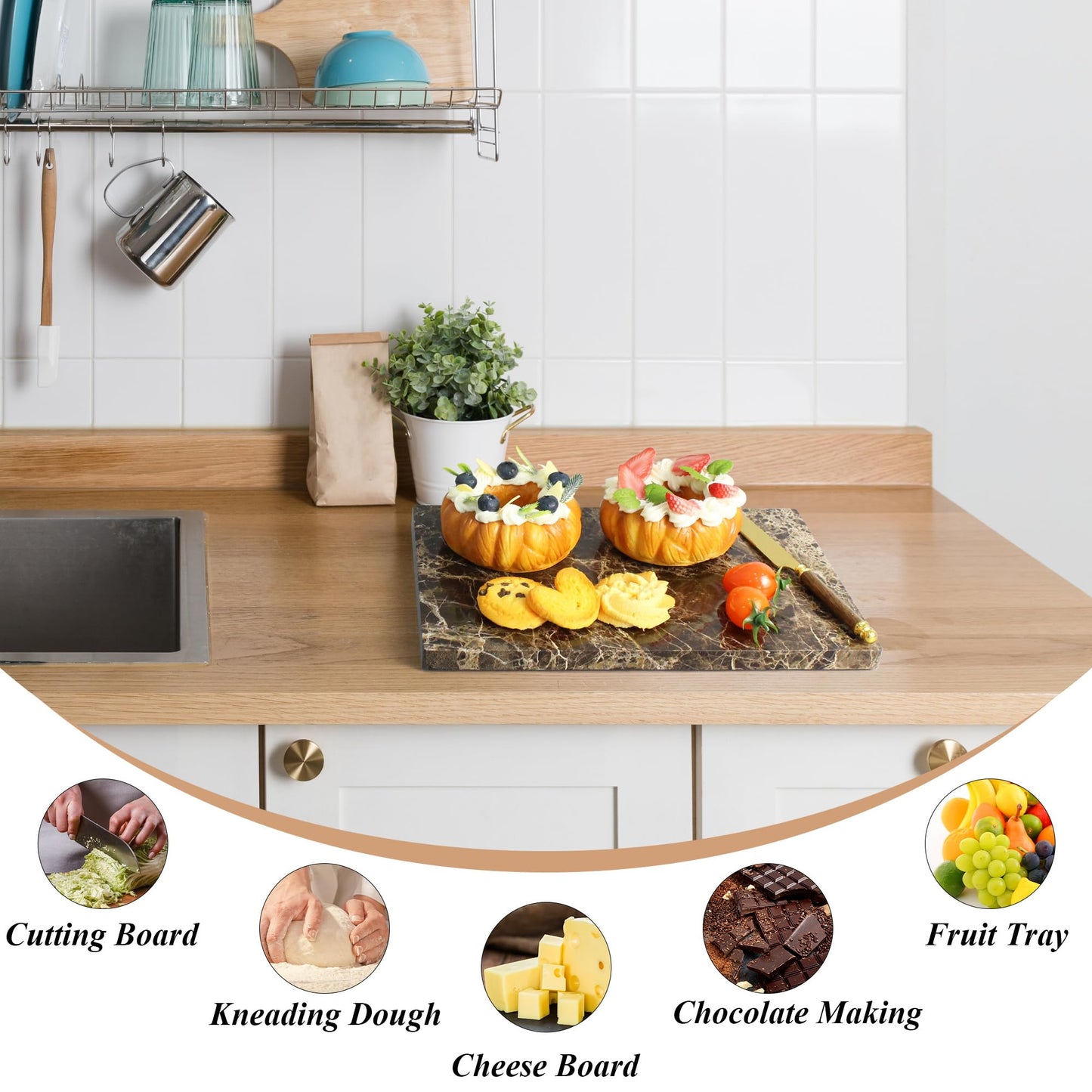 Nature Marble Cutting Board - 12 * 8 Inch Polished Stone Cutting Board Countertop, Stone Charcuterie Tray with Non-Slip Base for Kitchen, Gift for Grill Masters, Baking Lover and Home Chefs (Brown)
