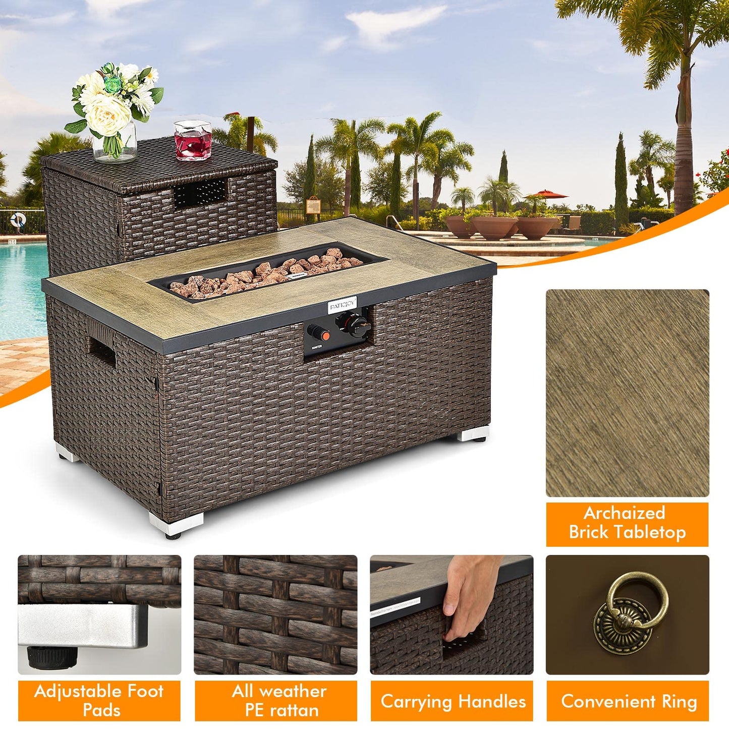 ARLIME Outdoor Propane Fire Pit Table, 40,000 BTU Propane Fire Pit Table with Tank Cover, Waterproof PVC Cover, Free Lava Rocks, Lid, Rectangular Fire Pit Table Set for Outside, Garden, Yard, Brown