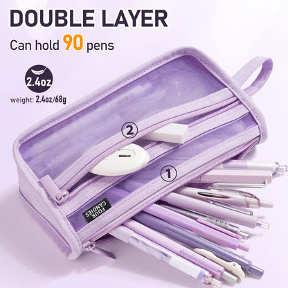 Four Candies Grid Mesh Pencil Case with Handle and Zipper, Clear Double-layer Pencil Pouch Marker Pouch, Travel Makeup Bag, Cute Transparent Stationary Organizer Pen Bag for Adult Office College