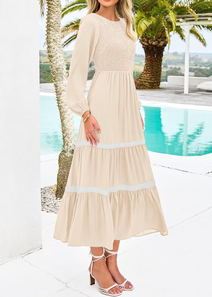 KIRUNDO Womens Smocked Long Sleeve Maxi Dress Wedding Guest Spring Fall Boho Tiered Lace Trim Flowy Long Dresses Pockets