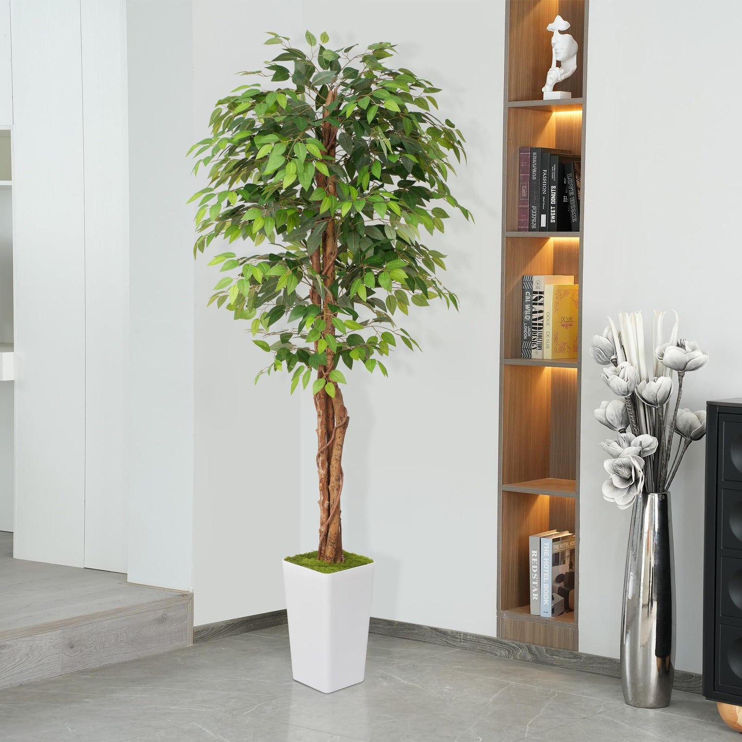 Waoops Artificial 7Ft Ficus Silk Tree with Tall Planter - Faux Plants Indoor with Natural Wood Trunk - Large Tall Fake Plants for Home Office Living Room Patio Decor