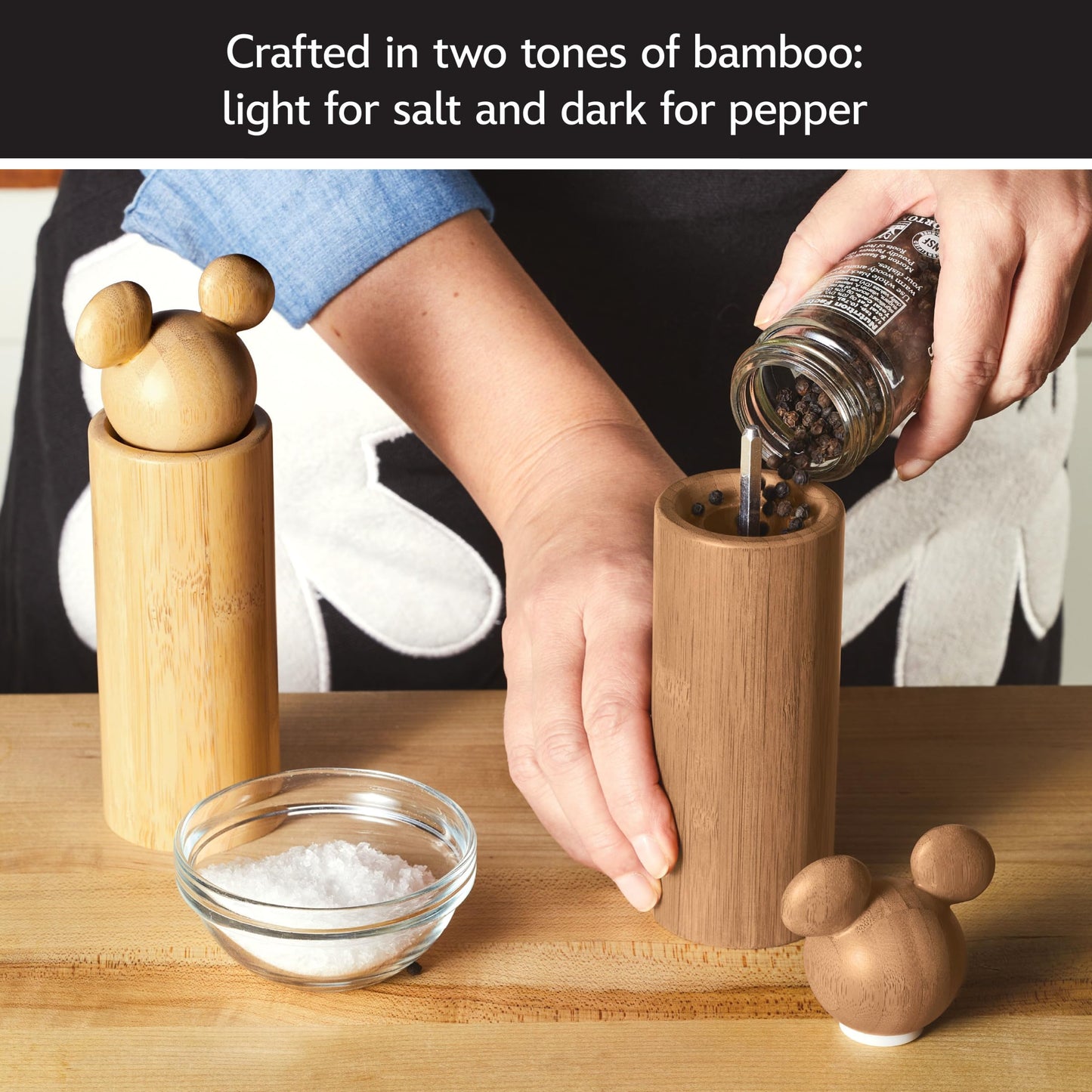 Disney Home Monochrome Bamboo Salad Server/Wood Serving Utensils with Salt and Pepper Grinder Set, 4 Piece - Bamboo