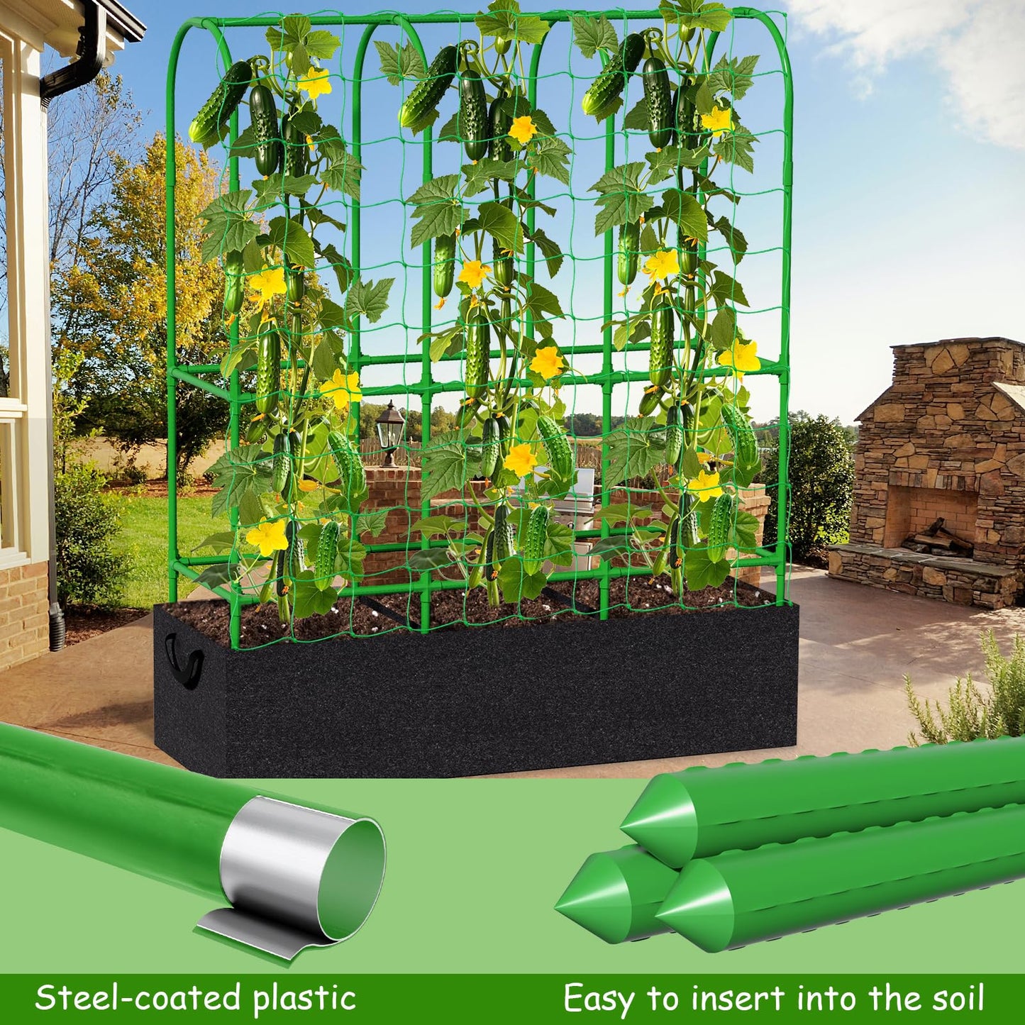Srapwati 65"H x 50"W Cucumber Trellis with Grow Bag & Netting, U-Frame Metal Plant Support, Heavy-Duty Steel & Plastic, Green & Black, Rectangular, Climbing Plant Support Structure