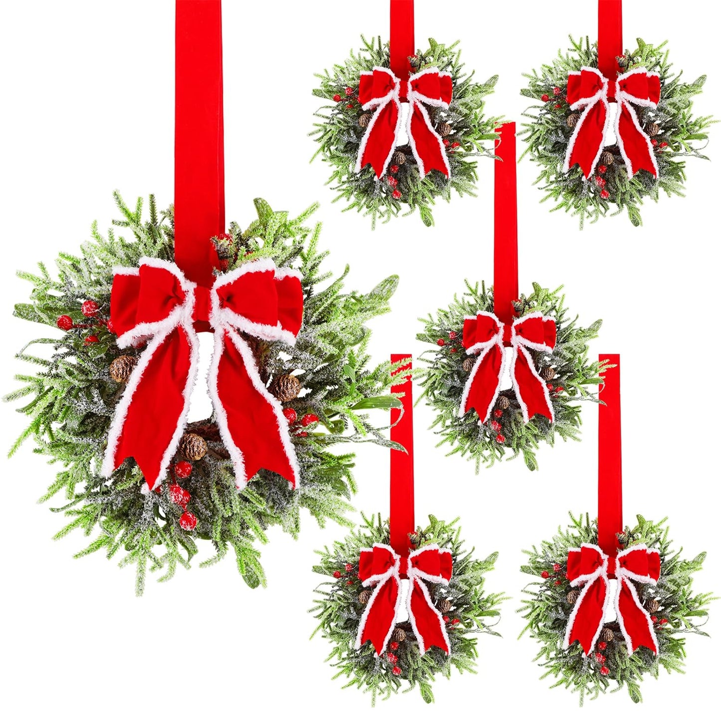 Hausse 6 Pcs Christmas Wreath, 12" Christmas Mini Wreaths for Cabinets with Red Bows, Artificial Small Xmas Wreaths Hanging Decoration Garlands for Kitchen Window Farmhouse Chair Wall Front Door