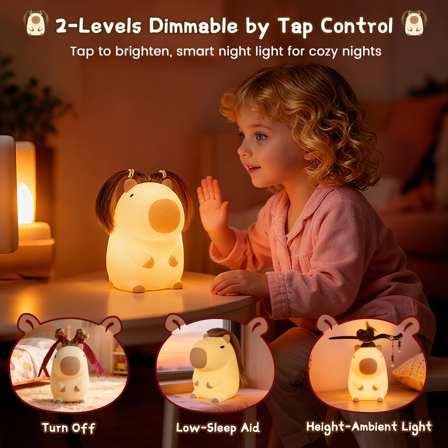 Cute Capybara Night Light with DIY Hairstyle ,Squishy Silicone Lamp, Nursery Nightlight for Kids, Rechargeable Touch Bedside Lamp, Bedroom Decor, Baby Boys Girls,White Elephant Gifts,Funny Xmas Gifts
