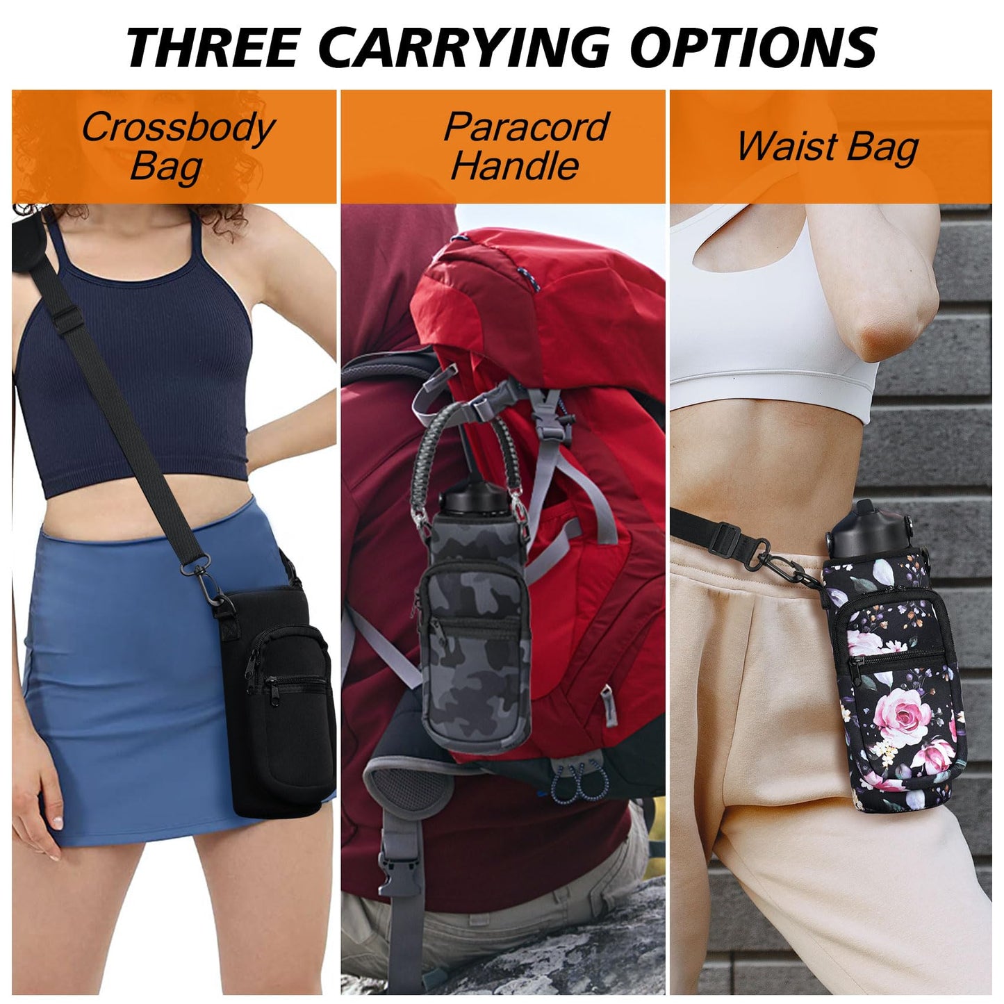 AceTreker Water Bottle Sleeve, 32 oz 40 oz Water Bottle Carrier with Strap & Paracord Handle, Neoprene Insulated Bottle Holder Sling Bag with Phone Pocket for Walking Hiking Sport-Black Flower