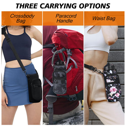 AceTreker Water Bottle Sleeve, 32 oz 40 oz Water Bottle Carrier with Strap & Paracord Handle, Neoprene Insulated Bottle Holder Sling Bag with Phone Pocket for Walking Hiking Sport-Black Flower