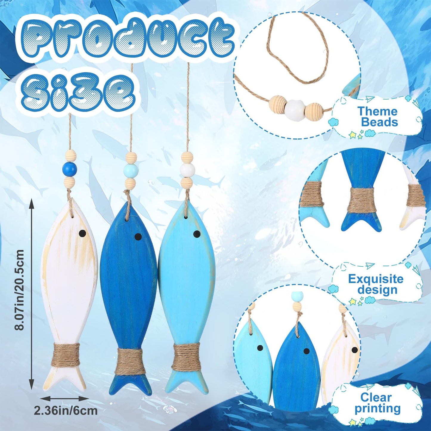 Geelin 3 Pcs Wooden Fish Wall Decor Fish Wall Art Nautical Decor Carved Hanging Beach Lake House Coastal Ornaments Wooden Fishs for Home Bathroom Bedroom Decorated