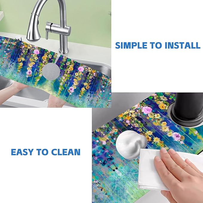 Abstract Watercolor Floral Kitchen Sink Splash Guard Mat Absorbent Fast Drying