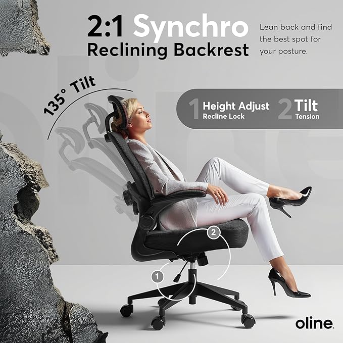 Oline ErgoAir Ergonomic Office Chair – Adjustable Lumbar Support, Flip-Up