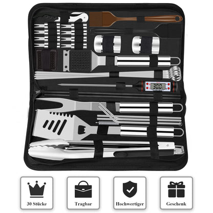 Grilliance 30pcs Stainless Steel Grill Tools Set for Men Gift Birthday, Heavy Duty BBQ Accessories Kit with Bag and Grill Mat, Portable Grilling Utensils for Outdoor Camping Silver