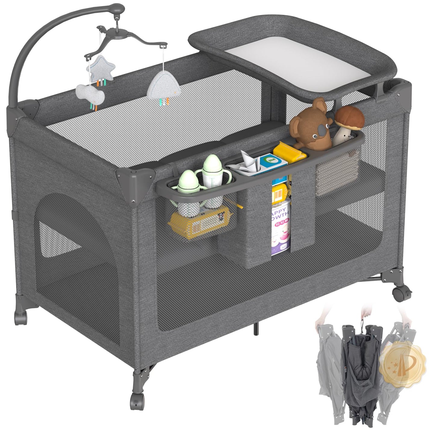4 in 1 Baby Bassinet, Pack and Play with Mattress, Baby Crib with Wheels and Mosquito Net, Bedside Sleeper with Changing Pad, Portable Playpen Foldable Playard for Babies and Toddlers