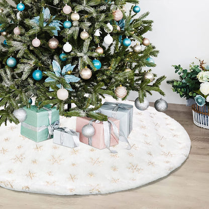 Dremisland Christmas Tree Skirt 36" Large White&Gold Luxury Faux Fur Tree Skirt with Snowflakes Super Soft Thick Plush Tree Skirt for Xmas Tree Decoration (Golden, 36inch/90cm)