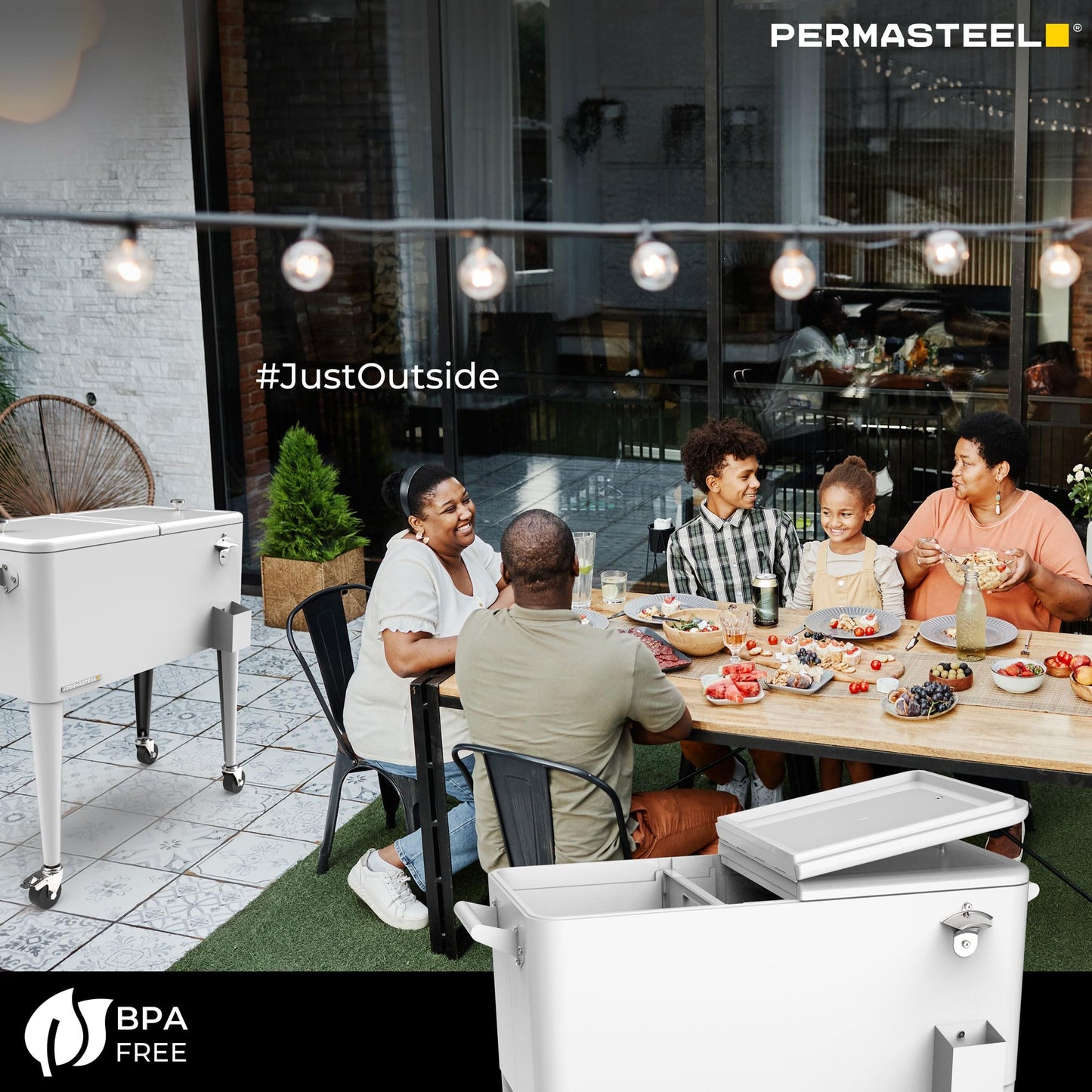 Permasteel Party Cooler with Divider, Spacious 80-Qt Capacity, Chills 36hrs, Serving Tray, Rolling Ice Chest for Indoor and Outdoor Entertainment, Matte White