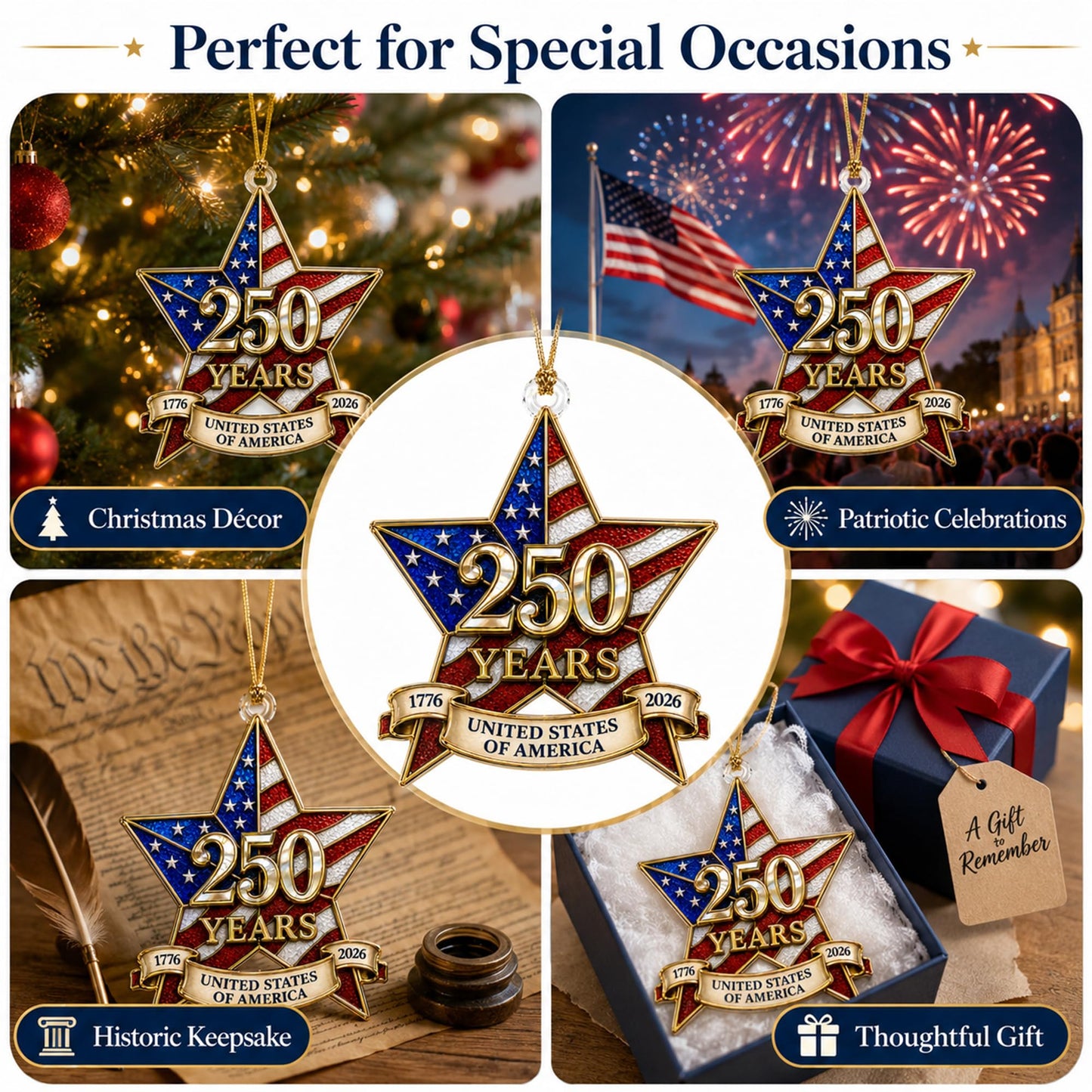 250th Anniversary USA Ornament 1776-2026, Patriotic Acrylic Star Ornament, Double Sided USA 250th Anniversary Merchandise, Patriotic Decoration for 4th of July, Independence Day