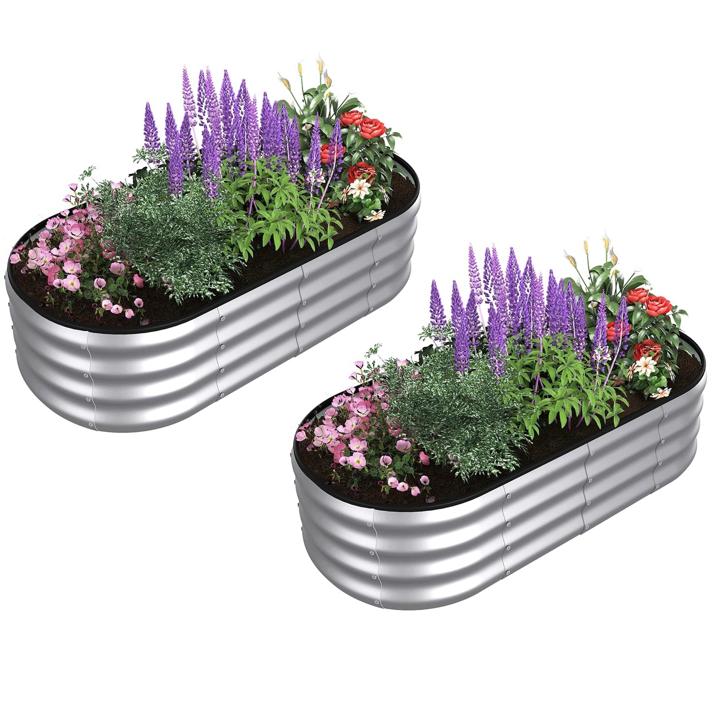 Lujsgntz 4x2x1 ft Oval Galvanized Metal Raised Garden Beds, Thickened Rust-Proof Flower Beds, Outdoor Plant Planter Boxes(Silver, 2PCS)