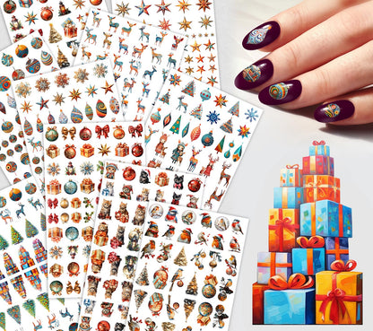 Nail Decals [10 Sheets] Christmas Holiday Nail Stickers Set Festive Ornaments Gifts Stars Reindeer Snowflakes Trees Birds Cozy Seasonal Illustrations Rich Colorful Variety for Joyful Manicure Design
