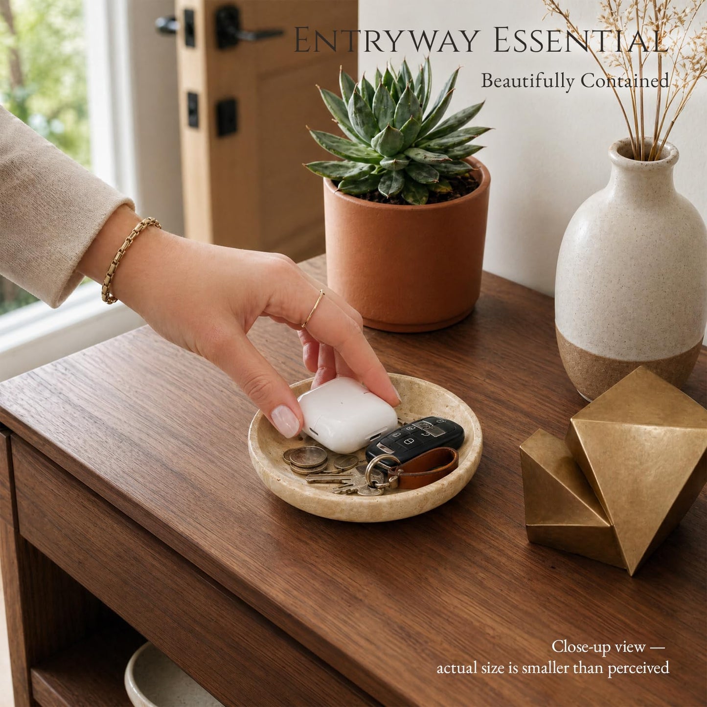 Gixemeva Natural Travertine Valet Tray - 5.5" Round Stone Jewelry Trinket Dish Catchall for Keys, Watches, Rings - Decorative Beige Bowl for Entryway, Nightstand, Bathroom Vanity