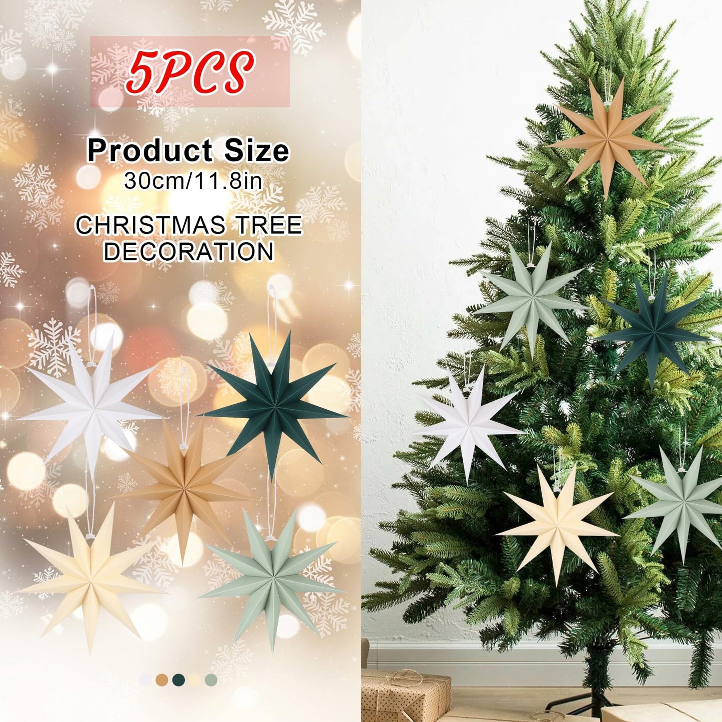 BestoFun 5 PCS 12 Inch Sage Green Paper Star Lanterns - Hanging Stars Christmas Party Decorations