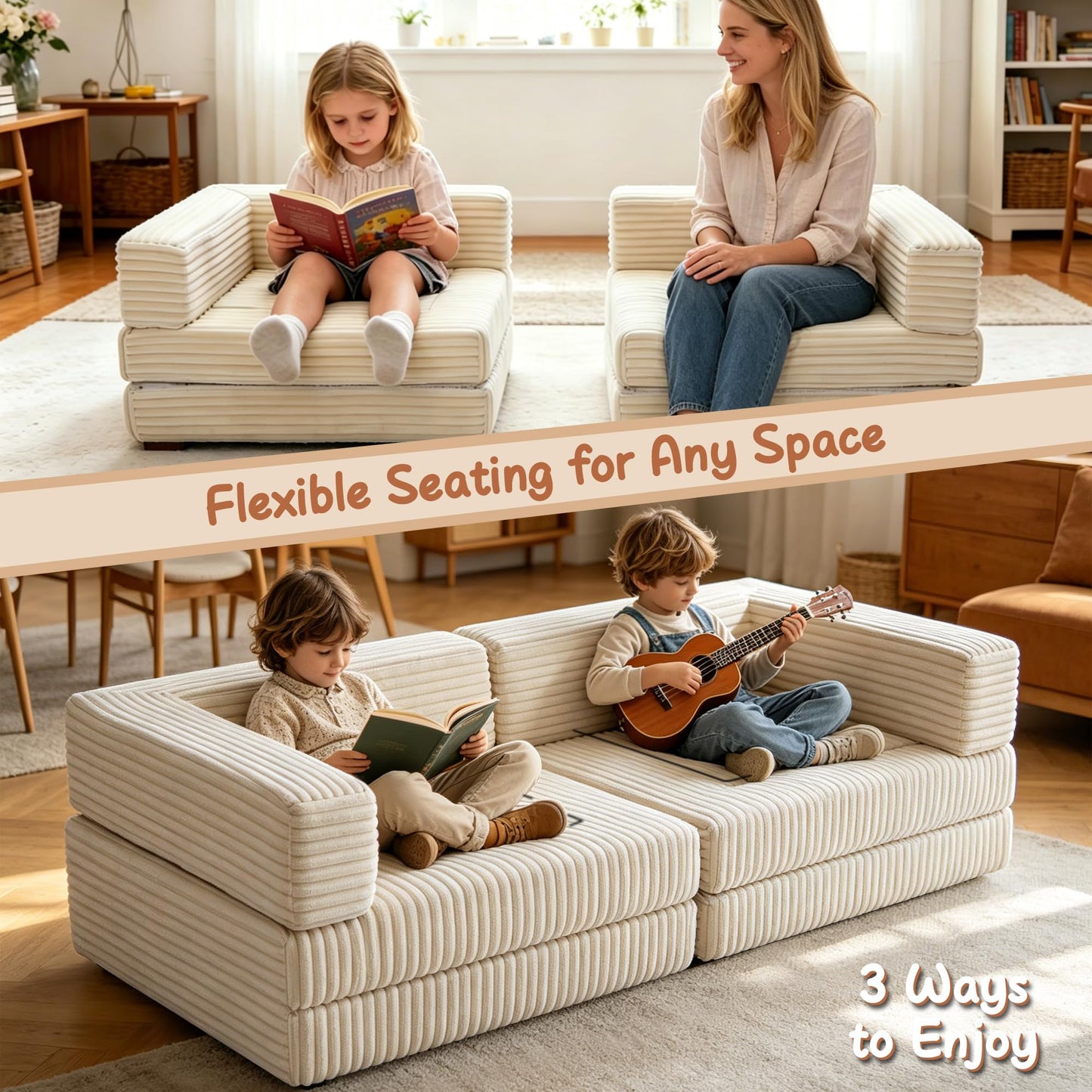 Umoving Modular Floor Sofa Couch Set of 2, Convertible Folding Lounge Sofa Bed with Adjustable Backrest, Family Seating for Kids, Teens & Adults, Gaming, Reading & Relaxing, White