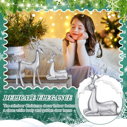 Thyle 4 Pcs Christmas Reindeer Decor Small Resin Standing Sitting Deer Figurine Mini Reindeer Christmas Table Decoration for Home Indoor Xmas Holiday Small Statue Rustic Table Decor(Silver)
