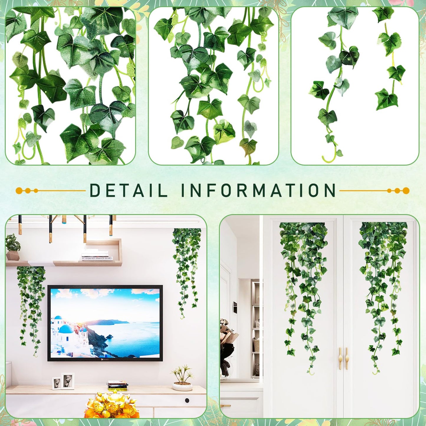 DTLIFEK Green Plants Leaves Wall Decals Hanging Vine Wall Stickers Fresh Green Leaf Wall Art Removable Nature Botanical Vine Branches Leaves Murals for Kids Bedroom TV Background Home Decor 91