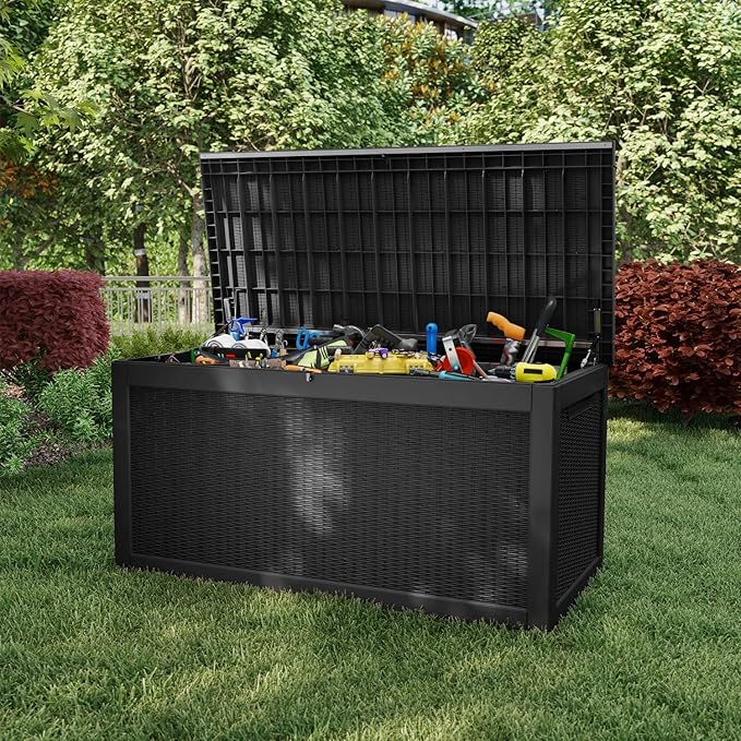 310 Gallon Lockable Outdoor Storage Box – Waterproof Resin Deck Box for Patio Furniture, Garden Tools, Pool Accessories (Black)