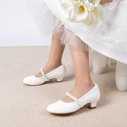 DREAM PAIRS Girls Party Shoes Low Heels for Little Big Girl Mary Jane Shoes with Pearl Rhinestones Flower Girl Pumps Princess Wedding,Size 3 Big Kid,White,SDFL2403K