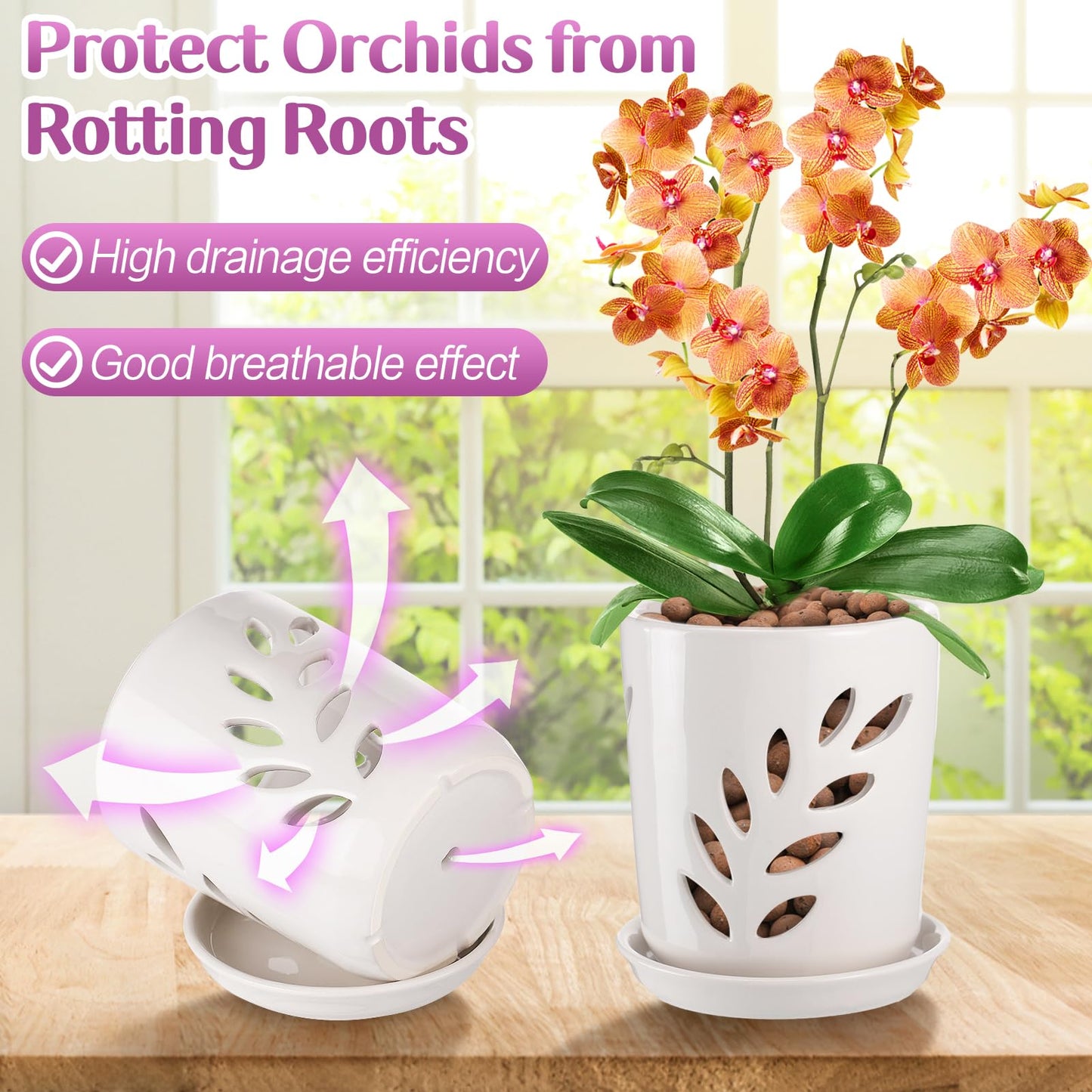 Aulock 4in Ceramic Orchid Pot with Drainage Holes, Decorative Planter, Excellent Airflow for Healthy Roots, for Repotting Indoor